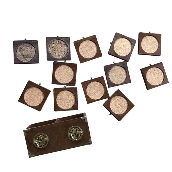 MCM Vintage Goodwood Teak Wooden Box Of 12 Wood And Cork Coasters Brass Handles - Picture 9 of 10